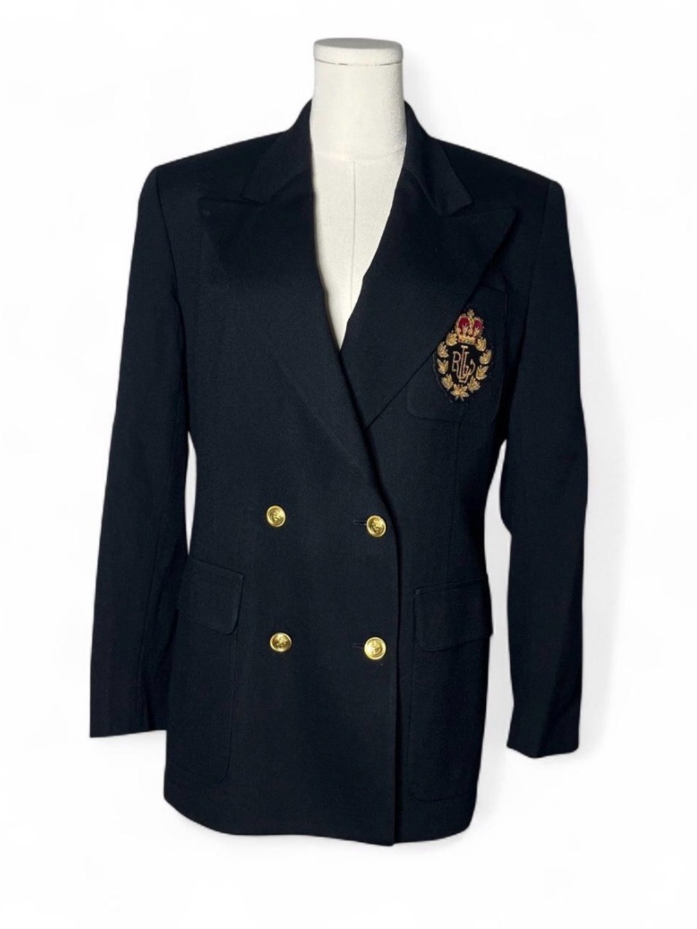 Vintage Ralph Lauren Black 100% Wool Gold Buttons Crest Double Breasted Blazer